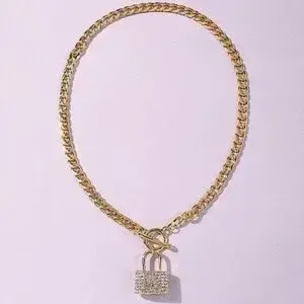 Gold Lock Rhinestone Chain Link Toggle Necklace - Picture 9 of 10
